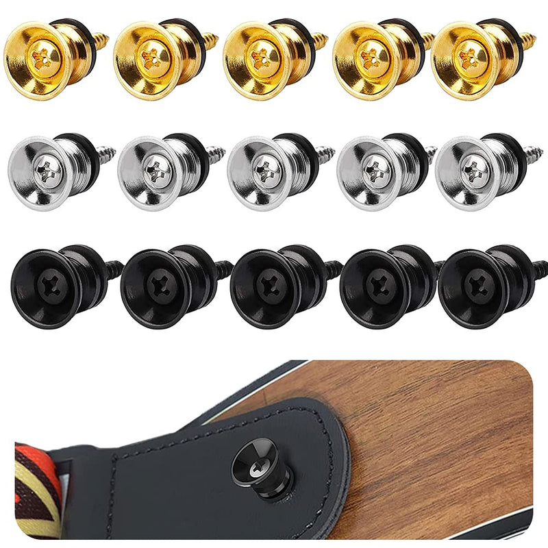 15 Pcs Guitar Strap Locks Set Metal Guitar Lock Pins Guitar Strap Lock Buttons with Mounting Screws and Rubber Cushions for Prevent the Guitar Bass Ukulele Falling Off(Black/Gold/Silver)