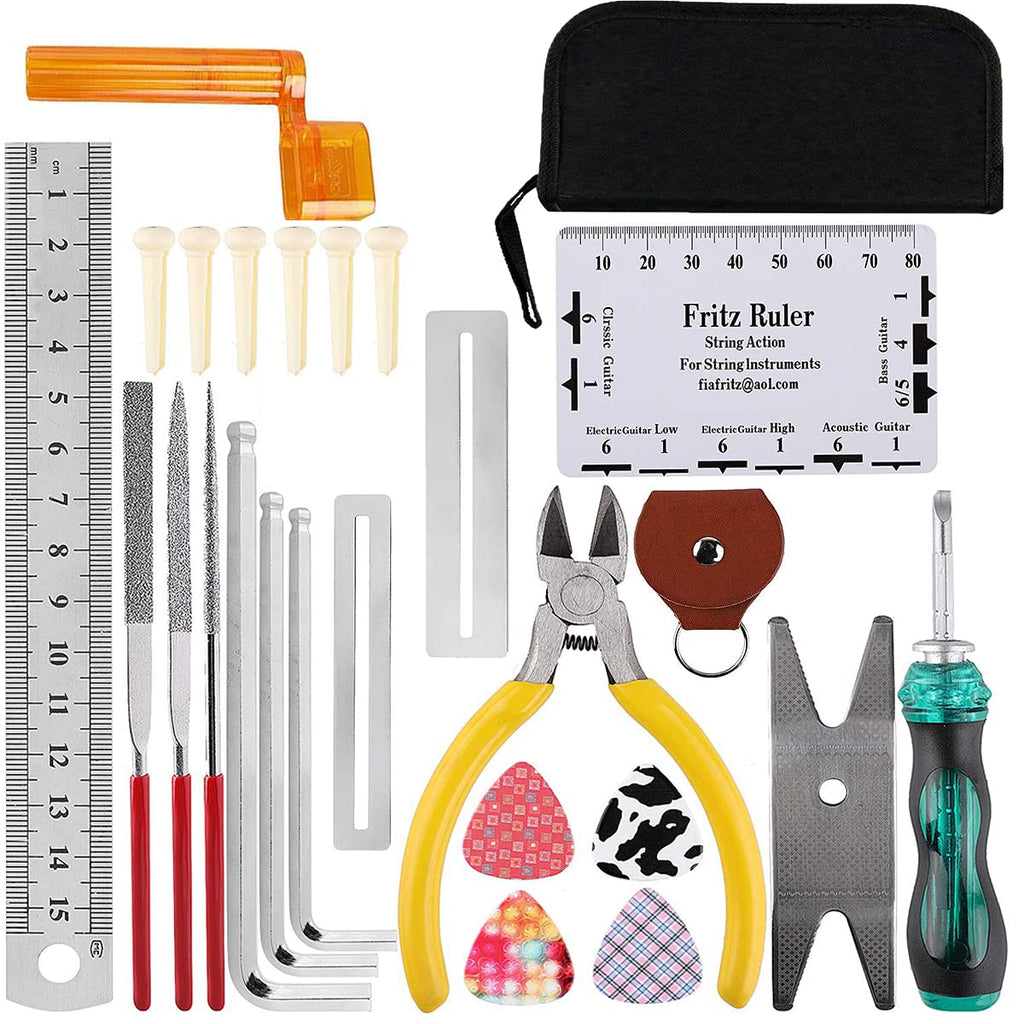 DARENYI Guitar Kit with Carry Bag, Guitar Repairing Maintenance Tool Kit Guitar Care Cleaning Tool Kit with Wire Pliers, String Ruler Action Ruler, Spanner Wrench, Bridge Pins for Ukulele, Bass etc
