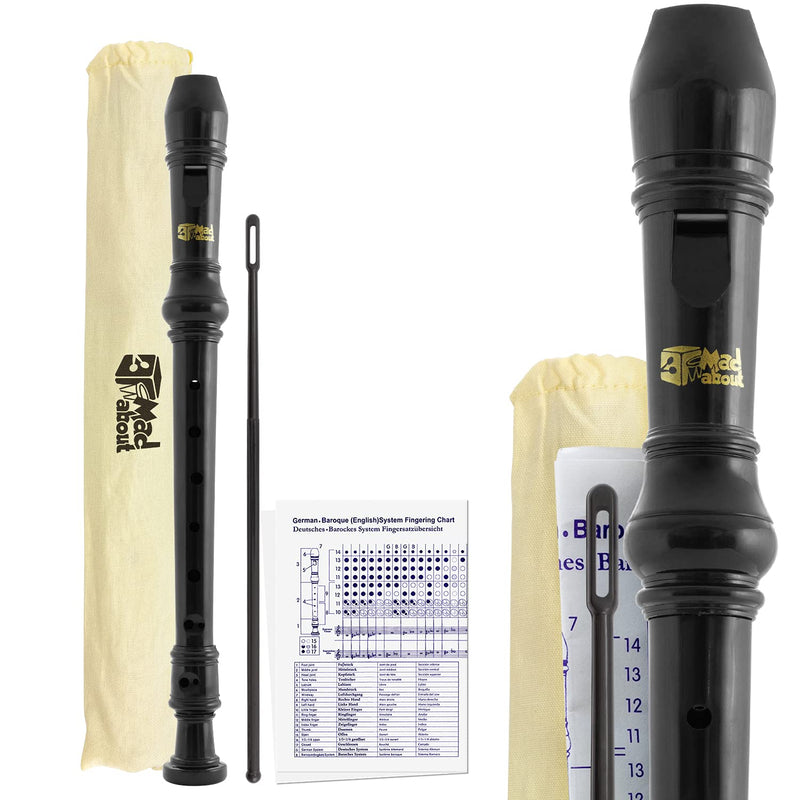 TIGER Mad About MA-REC06 Descant Recorder – Three-Piece School, Beginners Recorder with Bag, Cleaning Rod and Fingering Chart - Black