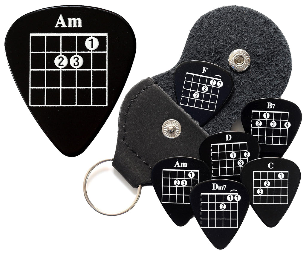 6 Black Chord Guitar Plectrums with Leather Keyring Pick Holder - Double Sided - Harmony Picks