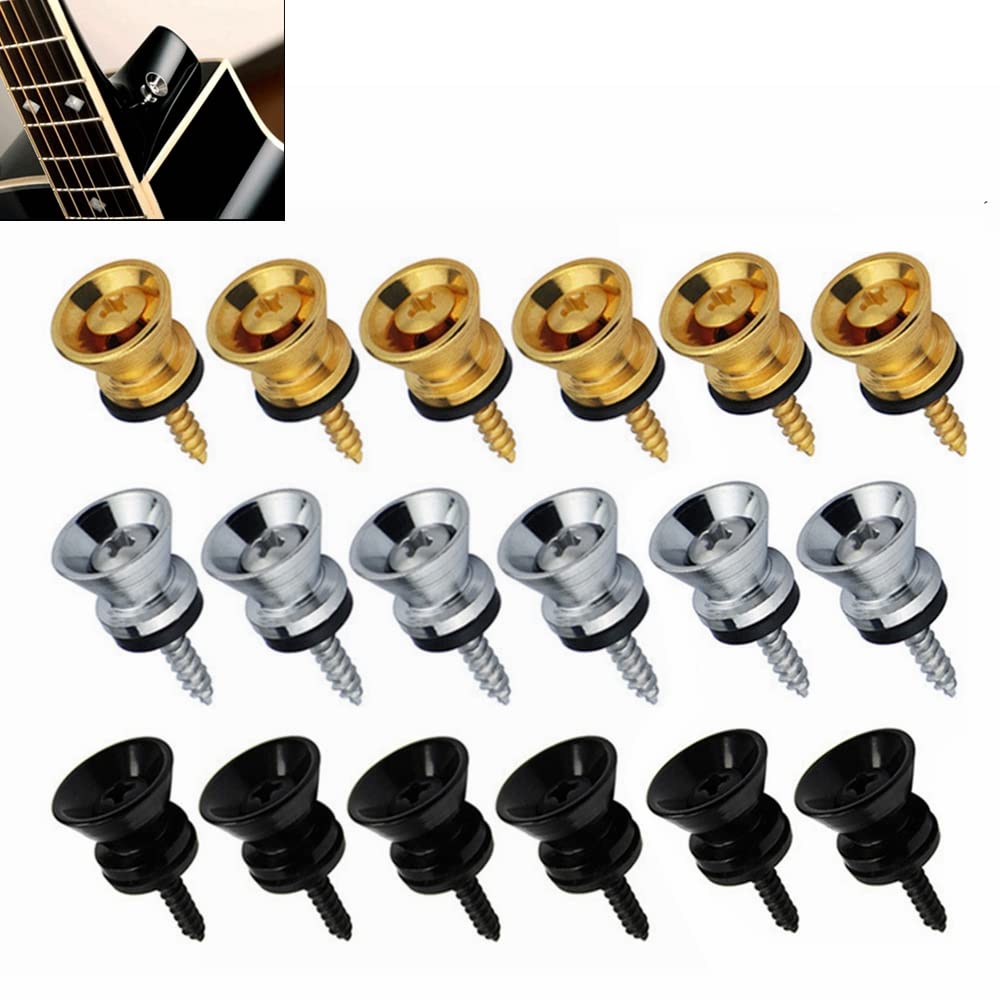 Poruishi 18 PCS Metal Guitar Strap Button Guitar Strap Locks Set Metal Strap Buttons Metal End Pins with Mounting Screws and Washers for Acoustic Classical Electric Guitar Ukulele Gold Silver Black