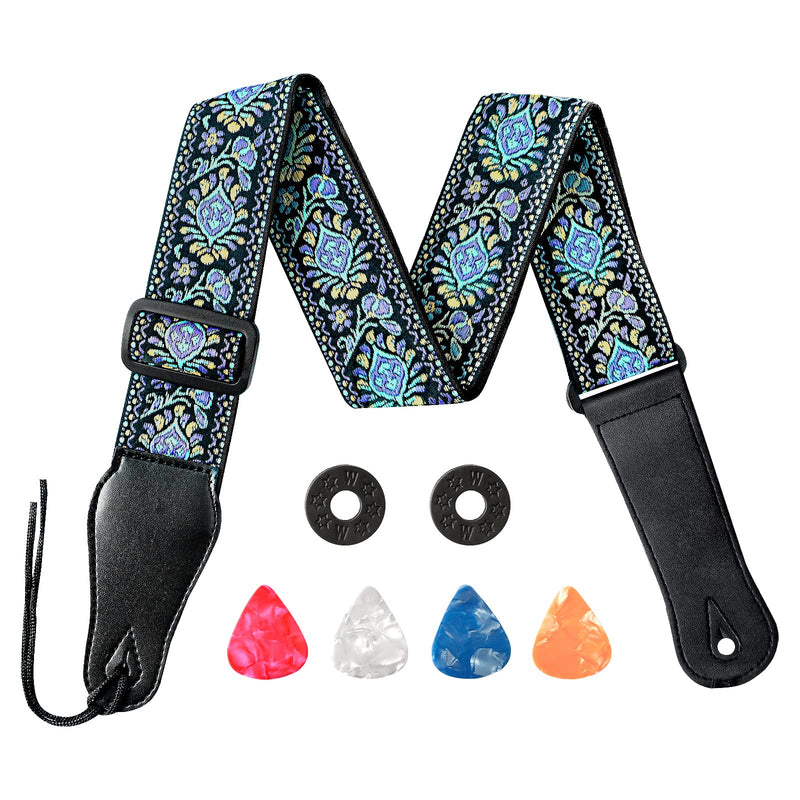 Guitar Strap, Adjustable Jacquard Weave Guitar Strap Style, Bass Strap for Acoustic / Electric / Bass Guitar with 2 Rubber Strap Locks, 4 Colorful Guitar Picks