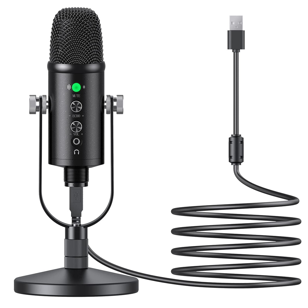 USB Microphone,YGiTK Gaming Mic with Round Stand for Computer Studio Cardioid Condenser Microphone with ECHO and VOL Control,Mute Button,Type-C Adapter for Streaming & Recording Podcasting YouTube