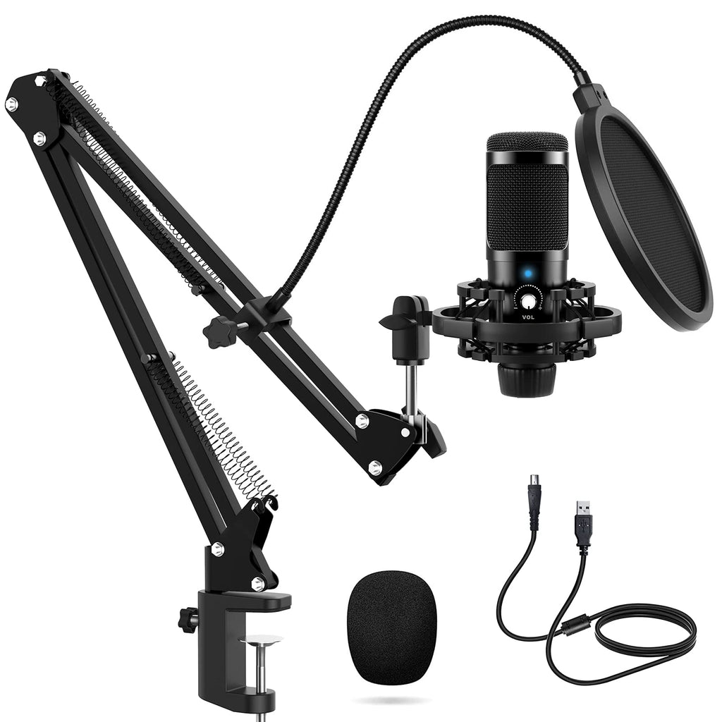 USB Microphone, 192Khz / 24Bit Condenser Microphone With Arm Stand Shock Mount, Plug and Play, Noise-Canceling, Podcast Microphone for Gaming Studio Recording Youtube Video Steaming